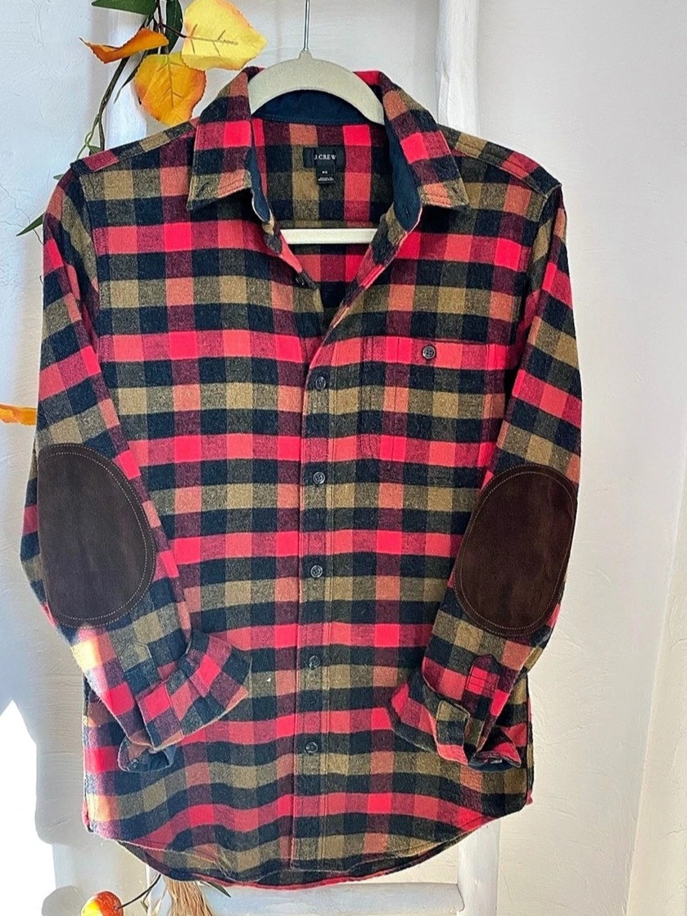 J.Crew Flannel Shirt with Suede Elbow Patches Plaid Red & Black XS